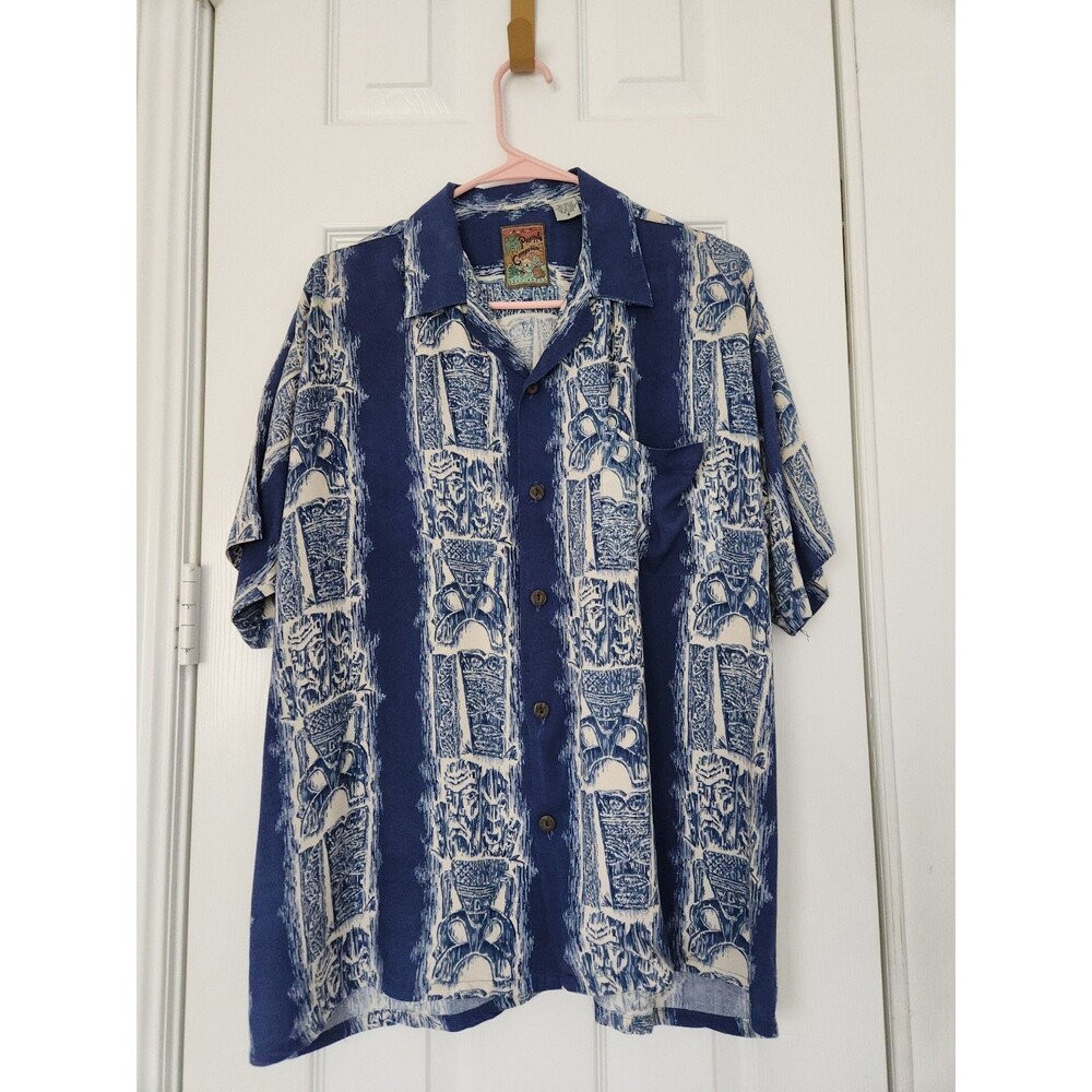​Pineapple Connection Mens Small Blue White Tiki Totem Hawaiian Aloha Shirt